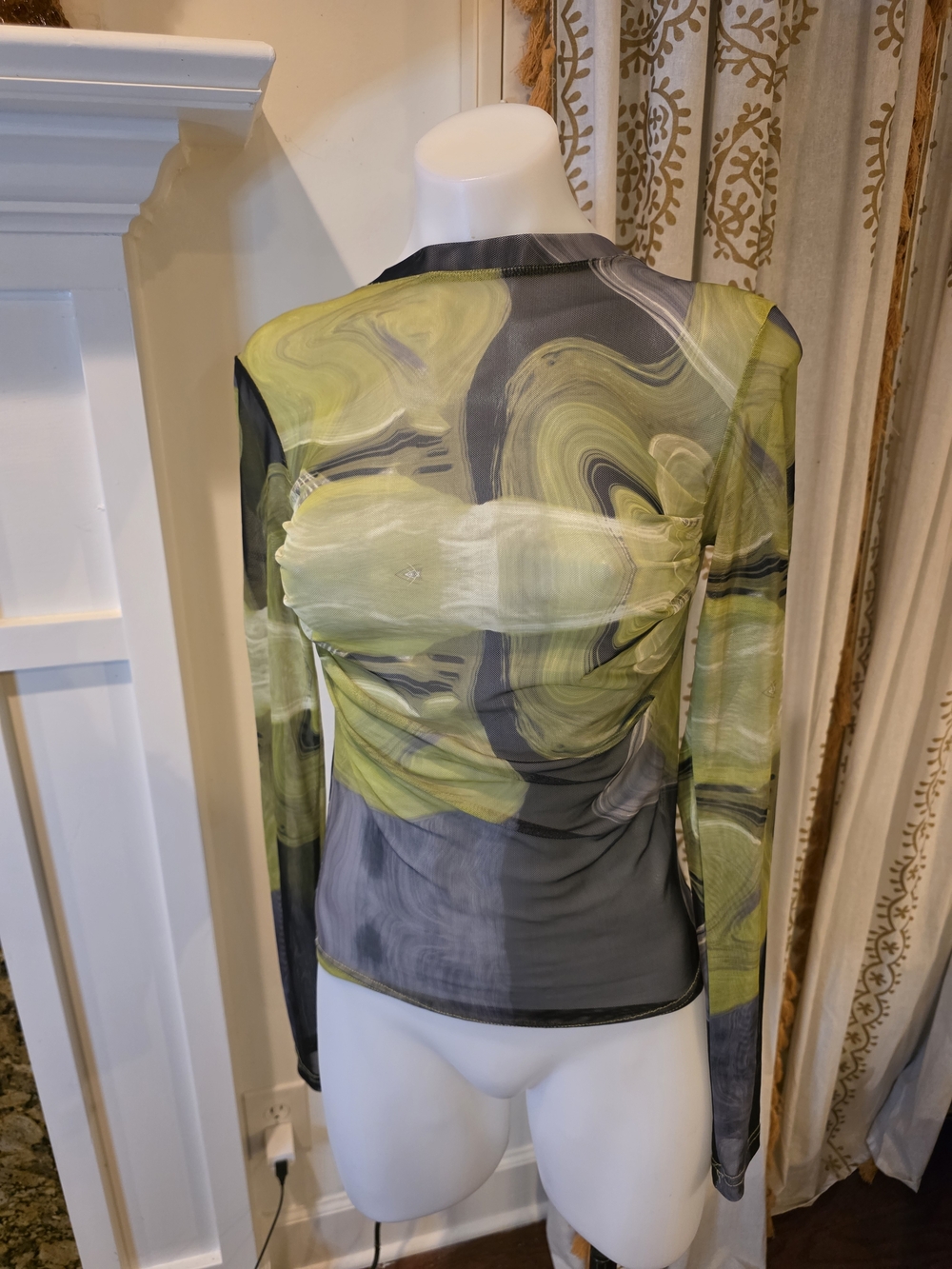 Roey Wang Sheer Abstract Swirl Long-Sleeve Top in Olive Green and Gray Ravw